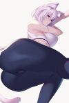 1girl alternate_costume animal_ears ass black_pants bra breasts cat_ears cat_girl cat_tail commentary feet_out_of_frame grey_background hair_between_eyes highres hololive kaneko_(bblogtinhan) large_breasts light_purple_hair light_smile looking_at_viewer lying nekomata_okayu on_side pants parted_lips short_hair simple_background sleeveless solo sports_bra sportswear tail thick_thighs thighs tight tight_pants underwear violet_eyes virtual_youtuber white_bra yoga_pants 