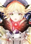  1girl absurdres artoria_pendragon_(caster)_(fate) artoria_pendragon_(fate) black_gloves blonde_hair blue_ribbon blurry bokeh bow bowtie buttons cowboy_shot depth_of_field double-breasted fate/grand_order fate_(series) gloves glowing green_eyes hat highres looking_at_viewer open_mouth outstretched_hand ribbon tearing_up white_background yuki_haru 