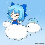  &gt;_&lt; 1girl :3 bangs blue_background blue_bow blue_dress blue_hair bow cirno closed_eyes closed_mouth clouds collared_shirt commentary_request dress eyebrows_visible_through_hair facing_viewer frozen hair_bow ice ice_wings miicha puffy_short_sleeves puffy_sleeves pyonta shirt short_sleeves sleeveless sleeveless_dress snowflakes solid_circle_eyes solo touhou twitter_username white_shirt wings 
