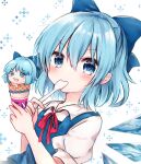  1girl bangs blue_bow blue_dress blue_eyes blue_hair blush bow bowtie cirno closed_mouth dress eating eyebrows_visible_through_hair food hair_between_eyes hands_up highres ice ice_cream ice_wings kokoshira_0510 looking_at_viewer open_mouth puffy_short_sleeves puffy_sleeves red_bow red_neckwear shirt short_hair short_sleeves snowflakes solo spoon touhou white_background white_shirt wings yukkuri_shiteitte_ne 