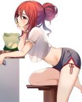  1girl bent_over black_shorts breasts chips crop_top crop_top_overhang food from_side head_rest long_hair medium_breasts midriff mingita_(ry_thae) mouth_hold navel original potato_chips red_eyes redhead ry_thae see-through_silhouette shirt short_shorts shorts side_slit sleeves_folded_up solo stomach thighs tied_hair white_shirt 
