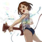  1girl :d ass bangs black_swimsuit blue_neckwear brown_eyes brown_hair commentary cowboy_shot dress_shirt from_behind from_below guitar hair_ornament hairclip highres hirasawa_yui holding holding_instrument instrument jeon_yong_ileum k-on! looking_at_viewer looking_back music neck_ribbon no_pants one-piece_swimsuit open_mouth playing_instrument ribbon school_swimsuit school_uniform shirt short_hair short_sleeves smile splashing standing swimsuit swimsuit_under_clothes water water_drop wet wet_clothes wet_shirt white_background white_shirt 
