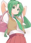  1girl arms_behind_head expressionless green_eyes green_hair green_neckwear higurashi_no_naku_koro_ni long_hair looking_at_viewer memoi pink_bag pink_skirt raised_eyebrows shirt skirt solo sonozaki_mion torn_vest very_long_hair white_background white_shirt 