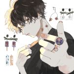  1boy absurdres black_eyes black_shirt earrings floral_print flower highres holding holding_clothes holding_shirt jewelry light looking_at_viewer original outstretched_hand pink_nails red_flower ring shirt short_hair solo somaz white_background 