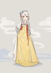  1girl absurdres alternate_costume alternate_hairstyle beiyi16 dress flower genshin_impact grey_background grey_dress grey_hair hair_flower hair_ornament hair_rings highres light_smile looking_at_viewer ningguang_(genshin_impact) red_eyes solo teenage two-tone_dress yellow_dress younger 