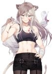  1girl abs animal_ear_fluff animal_ears bandaged_arm bandages bangs black_legwear black_nails black_shorts black_sports_bra blood blood_on_face breasts commentary_request cowboy_shot dog_tags ear_piercing fingernails grey_eyes grey_hair hair_between_eyes hand_on_hip highres holding holding_clothes holding_shirt hololive injury lion_ears lion_girl lion_tail long_fingernails long_hair looking_at_viewer medium_breasts midriff navel official_alternate_costume pantyhose piercing sharp_fingernails shirt shishiro_botan short_shorts shorts simple_background smile solo sports_bra standing tail virtual_youtuber white_background white_shirt yuya_(pixiv37335712) 