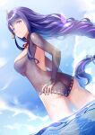  1girl 2r-_(pixiv8168114) absurdres bangs braid bridal_gauntlets closed_mouth clouds cloudy_sky commentary_request day dutch_angle eyebrows_visible_through_hair from_behind genshin_impact hair_ornament highres lace-trimmed_swimsuit lace_trim long_hair looking_back mole mole_under_eye outdoors purple_hair purple_nails raiden_shogun sky solo swimsuit tassel violet_eyes water 