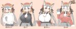 1girl :&lt; :/ :d ^_^ animal_ear_fluff animal_ears bangs beige_background belt beret between_breasts black_belt black_ribbon black_shirt blush breasts closed_eyes commentary_request dated extra_ears eyebrows_visible_through_hair facing_viewer fox_ears fox_girl fox_tail fur-trimmed_sleeves fur_trim gloves grey_gloves grey_hair grey_skirt hair_between_eyes hair_ribbon hand_up hat head_between_breasts headset highres huge_breasts island_fox_(kemono_friends) jacket kemono_friends kemono_friends_v_project long_hair long_sleeves looking_at_viewer multicolored_hair multiple_views necktie open_mouth orange_eyes orange_hair pleated_skirt red_headwear red_jacket ribbon shirt signature simple_background skirt smile squiggle tail twintails undershirt very_long_hair vest virtual_youtuber white_hair white_neckwear white_vest yoshida_hideyuki