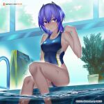  1girl ass bangs bare_legs bare_shoulders barefoot blush breasts dark-skinned_female dark_skin dmith fate/grand_order fate/prototype fate_(series) hair_between_eyes hassan_of_serenity_(fate) looking_at_viewer pool purple_hair short_hair sitting soles solo swimsuit violet_eyes 