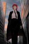  1girl alavyx bangs black_coat braid braided_ponytail building chainsaw_man coat highres looking_at_viewer makima_(chainsaw_man) necktie outdoors pants redhead ringed_eyes shirt sky skyscraper solo yellow_eyes 