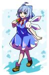  1girl absurdres ahoge aqua_eyes bangs blue_background blue_bow blue_dress blue_hair bow brown_footwear cirno cirno_day dress food fruit full_body hair_bow highres holding holding_food ice ice_wings looking_at_viewer open_mouth pinafore_dress popsicle puffy_short_sleeves puffy_sleeves red_neckwear shirt short_hair short_sleeves solo standing touhou watermelon white_shirt wings woruta_(soloistlist) 