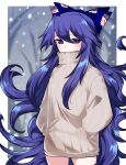  1girl alternate_costume bangs blue_eyes blue_hair blue_ribbon blurry blurry_background blush eyebrows_visible_through_hair hair_between_eyes hair_ribbon hands_in_pockets highres long_hair long_sleeves looking_at_viewer mindoll ribbon snow snowing solo sweater touhou tree very_long_hair yorigami_shion 