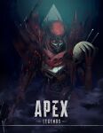  1boy apex_legends copyright_name eep167389 glowing glowing_eyes highres holding holding_scythe holding_skull humanoid_robot logo looking_at_viewer no_humans orange_eyes red_scarf revenant_(apex_legends) scarf science_fiction scythe simulacrum_(titanfall) skull 