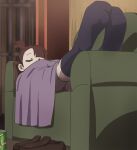  1girl ass black_legwear blanket brown_hair can closed_eyes couch feet haruyama_kazunori kagari_atsuko legs little_witch_academia long_hair shoes sleeping socks solo 