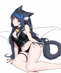  1girl animal_ears bare_arms bare_shoulders bell black_choker black_hair black_panties black_shirt blue_eyes breasts cat_ears cat_girl cat_tail choker copyright_request highres holding_tail jingle_bell large_breasts long_hair looking_at_viewer nail_polish navel original panties shirt side-tie_panties simple_background sitting siun sleeveless sleeveless_shirt solo stomach string_panties tail thigh_strap thighs torn_clothes torn_shirt underwear very_long_hair white_background yokozuwari 