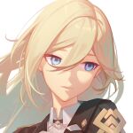  1girl bangs bianka_durandal_ataegina bianka_durandal_ataegina_(valkyrie_gloria) black_jacket blonde_hair blue_eyes close-up closed_mouth hair_between_eyes honkai_(series) honkai_impact_3rd jacket long_hair military military_uniform polo_shirt portrait simple_background solo sougishi_ego uniform white_background 