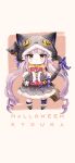  1girl :&lt; :3 absurdres animal_ears animal_hood asymmetrical_legwear bangs black_cat blunt_bangs book boots bow broom bunny_ornament cat cat_ears cat_hood cat_tail chibi curly_hair dress eyebrows_visible_through_hair full_body fur-trimmed_boots fur-trimmed_dress fur-trimmed_hood fur_trim green_bow halloween halloween_costume highres holding holding_book hood jack-o&#039;-lantern kyouka_(princess_connect!) pecorine_(princess_connect!) pink_bow pink_hair pointy_ears pouch princess_connect! purple_bow simple_background single_thighhigh solo tail tail_bow tail_ornament thigh-highs twintails two-tone_background vangee white_background yellow_bow yellow_eyes 