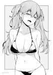  1girl arms_behind_back bikini breasts collarbone eyebrows_visible_through_hair grey_background hair_between_eyes highres kichihachi large_breasts long_hair looking_at_viewer monochrome navel open_mouth original simple_background smile solo swimsuit twintails two-tone_background white_background 