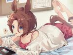  ! 1girl barefoot blue_eyes blush brown_hair bulletin_board calendar_(object) cellphone collarbone commentary_request ear_ornament feet feet_up hair_between_eyes jacket kanaiko lying narita_taishin_(umamusume) off_shoulder on_bed on_stomach open_clothes open_jacket open_mouth phone pink_skirt pink_tank_top short_hair skirt smartphone soles solo spoken_exclamation_mark tank_top umamusume white_jacket 