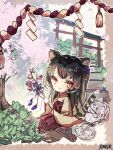  1girl animal_ears black_hair brown_eyes cat_ears cherry_blossoms chibi dairoku_youhei flower hakama harenochi_hareta holding holding_flower japanese_clothes kimono long_hair miko rope shide shimenawa sitting tail torii tree wide_sleeves 