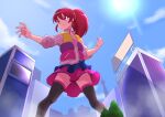  1girl absurdres aino_megumi black_legwear blue_sky building city closed_mouth clouds collarbone commission day fighting_stance from_below giant giantess happinesscharge_precure! heart heart_print highres jacket long_hair open_clothes open_jacket outdoors pink_eyes pink_hair pink_shirt pink_skirt precure print_shirt shirt skeb_commission skirt sky smile solo thigh-highs tirofinire 