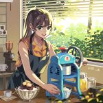  1girl apron bf._(sogogiching) brown_eyes brown_hair kitchen long_hair looking_at_viewer open_mouth original ponytail sleeveless solo standing 