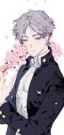  1boy black_jacket buttons closed_mouth flower gakuran grey_hair haikyuu!! highres holding holding_flower jacket long_sleeves looking_to_the_side male_focus mgmg_1012 mole mole_under_eye open_clothes open_jacket petals school_uniform shirt short_hair solo sugawara_koushi white_shirt 