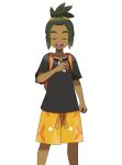  1boy :d asatsuki_(fgfff) backpack bag black_shirt clenched_hand closed_eyes collarbone commentary_request dark-skinned_male dark_skin floral_print green_hair hand_up hau_(pokemon) highres holding holding_poke_ball male_focus open_mouth orange_bag orange_shorts poke_ball poke_ball_(basic) pokemon pokemon_(game) pokemon_sm shirt short_hair short_ponytail short_sleeves shorts smile solo tongue transparent_background upper_teeth 