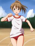 1girl bangs blue_sky brown_eyes brown_hair buruma clouds cloudy_sky commentary_request commission day eyebrows_visible_through_hair gym_shirt gym_uniform lielos looking_at_viewer medium_hair open_mouth original outdoors partial_commentary pixiv_request poniko_(lielos) ponytail red_buruma running running_track shirt short_sleeves sky solo sweatdrop thigh_gap white_shirt 