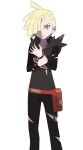  1boy ahoge asatsuki_(fgfff) bag bangs black_pants blonde_hair clenched_teeth collarbone commentary_request ear_piercing fanny_pack gladion_(pokemon) green_eyes hair_over_one_eye hand_on_own_wrist highres hood hood_down hoodie long_sleeves male_focus orange_bag pants piercing pokemon pokemon_(game) pokemon_sm solo standing teeth torn_clothes torn_hoodie torn_pants transparent_background 