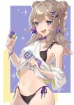  1girl aa-12_(girls&#039;_frontline) absurdres ahoge bikini black_bikini blue_eyes breasts candy clothes_lift double_bun earrings food girls_frontline highres holding holding_candy holding_food holding_lollipop jewelry lifted_by_self light_brown_hair lollipop long_hair navel off-shoulder_shirt off_shoulder official_alternate_costume sakana-ko shirt shirt_lift short_sleeves side-tie_bikini small_breasts solo star_(symbol) star_earrings swimsuit white_shirt 