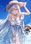  1girl absurdres anastasia_(fate) anastasia_(swimsuit_archer)_(fate) bangs bare_shoulders blue_eyes blue_sky blush bracelet breasts collarbone doll dress earrings fate/grand_order fate_(series) hair_over_one_eye hairband hat highres hitomin_(ksws7544) huge_filesize jewelry large_breasts leaning_forward long_hair looking_at_viewer necklace off-shoulder_dress off_shoulder open_mouth pendant see-through_skirt silver_hair skirt sky straw_hat thighs very_long_hair viy_(fate) water_drop white_dress 