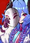  1girl blue_hair blush braid chung1000 closed_mouth gloves hair_between_eyes holding holding_mask horns kindred_(league_of_legends) lamb_(league_of_legends) league_of_legends long_hair looking_at_viewer mask mask_removed one_eye_covered partially_fingerless_gloves pink_eyes purple_gloves red_background simple_background smile solo upper_body 