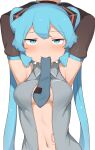  1girl abmayo armpits arms_up breasts detached_sleeves grey_shirt hatsune_miku highres long_hair looking_at_viewer medium_breasts mouth_hold navel necktie open_clothes open_shirt shirt solo tie_clip twintails upper_body very_long_hair vocaloid 