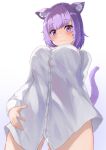  1girl :3 absurdres animal_ear_fluff animal_ears ass_visible_through_thighs bangs blunt_bangs blush breasts cat_ears cat_girl cat_tail closed_mouth dress_shirt eyebrows_visible_through_hair from_below haru_yu highres hololive large_breasts looking_at_viewer naked_shirt nekomata_okayu no_pants purple_hair shirt short_hair simple_background smile solo tail violet_eyes virtual_youtuber white_background white_shirt 
