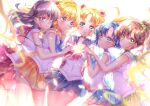  5girls aino_minako back_bow backlighting bangs bishoujo_senshi_sailor_moon black_eyes black_hair blonde_hair blue_bow blue_choker blue_eyes blue_sailor_collar blue_skirt blurry blurry_foreground bow brown_hair choker closed_mouth crescent crescent_choker crescent_earrings double_bun dutch_angle earrings eyebrows_visible_through_hair girl_sandwich green_bow green_choker green_sailor_collar green_skirt hair_bobbles hair_ornament highres hino_rei hug hug_from_behind jewelry kino_makoto leaning_forward leotard light_frown light_particles long_hair looking_at_viewer magical_girl medium_hair miniskirt mizuno_ami multiple_girls orange_bow orange_choker orange_sailor_collar orange_skirt parted_lips pleated_skirt ponytail red_bow red_choker red_sailor_collar red_skirt sailor_collar sailor_jupiter sailor_mars sailor_mercury sailor_moon sailor_venus sandwiched see-through short_hair skirt smile standing star_(symbol) star_earrings stud_earrings symbol-only_commentary thigh_gap touki_matsuri tsukino_usagi twintails white_background white_leotard wind 