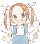  1girl brown_eyes double_v fang hair_ornament ichigo_mashimaro matsuoka_miu nanoningen_(anapoko) orange_hair overalls ponytail smile sweater v white_sweater 