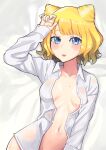  1girl blonde_hair blue_eyes blush breasts breasts_apart chung1000 collared_shirt fingernails hair_cones hand_up highres idol_land_pripara idol_time_pripara long_sleeves looking_at_viewer lying medium_hair minami_mirei naked_shirt on_back parted_lips pretty_(series) pripara shirt small_breasts solo sweat upper_body wet wet_clothes wet_shirt white_shirt wing_collar 