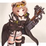  1girl akabane_hibame blush breasts bullpup choker commission double_bun girls_frontline gloves gun light_brown_hair p90 p90_(girls&#039;_frontline) partially_fingerless_gloves red_eyes short_hair skeb_commission solo submachine_gun v weapon 