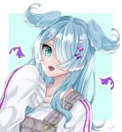  1girl :d artist_request blue_background blue_hair border elira_pendora fangs green_eyes grey_jumpsuit hair_ornament hair_over_one_eye hairclip hand_up head_wings long_hair long_sleeves looking_at_viewer nijisanji nijisanji_en one_eye_covered open_mouth outside_border sleeves_past_fingers sleeves_past_wrists slit_pupils smile solo source_request sweater twitter_username upper_body white_border white_sweater 
