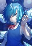  1girl bangs blouse blue_background blue_bow blue_dress blue_eyes blue_hair bob_cut bow breasts cirno commentary curled_fingers dress eyebrows_visible_through_hair hair_bow hair_over_one_eye hand_up highres ice ice_wings looking_at_viewer neck_ribbon puffy_short_sleeves puffy_sleeves red_neckwear red_ribbon ribbon serious short_hair short_sleeves small_breasts smile solo tenneko_yuuri touhou upper_body v-shaped_eyes white_blouse wings 