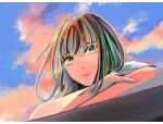 1girl absurdres aqua_eyes bangs blue_sky clouds cloudy_sky expressionless highres huge_filesize looking_at_viewer multicolored_hair original richard_(ri39p) shadow sky solo upper_body 