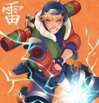  1girl absurdres apex_legends bangs black_nails blonde_hair blue_eyes blue_gloves chidori_(naruto) electricity electrokinesis fingerless_gloves freckles gloves hand_on_own_arm headband highres jacket lightning_spirit_wattson lila_(lilakeylk) looking_at_viewer naruto_(series) official_alternate_costume orange_background orange_jacket smile solo wattson_(apex_legends) 