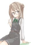  1girl absurdres bespectacled black-framed_eyewear bow bowtie cowboy_shot double_bun dress fyuo glasses green_neckwear highres kantai_collection light_brown_hair long_hair long_sleeves looking_at_viewer michishio_(kancolle) one-hour_drawing_challenge pinafore_dress remodel_(kantai_collection) shirt short_twintails simple_background sitting solo twintails white_background white_shirt yellow_eyes 