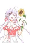  1girl ahoge arm_behind_back axia-chan bare_shoulders bow breasts choker collarbone cowboy_shot english_commentary flower long_hair looking_at_viewer purple_hair red_bow red_choker senki_zesshou_symphogear smile solo spaghetti_strap sunflower teeth very_long_hair violet_eyes white_background yukine_chris 
