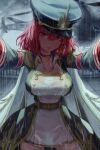  absurdres breasts cape capelet choker collar dress hat highres kanashi_kumo large_breasts looking_at_viewer military military_uniform original outdoors outstretched_arms peaked_cap rain red_eyes redhead uniform wet 