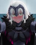  1girl ahoge black_cape blonde_hair blush breasts cape chain clenched_teeth embarrassed fate/grand_order fate_(series) feather_trim full-face_blush highres jeanne_d&#039;arc_(alter)_(fate) jeanne_d&#039;arc_(fate)_(all) looking_at_viewer medium_breasts solo sweatdrop tearing_up teeth wall_slam yellow_eyes 