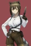  1girl absurdres animal_ears animal_hands arknights bangs breasts brown_hair closed_mouth collared_shirt dagger drawdrawdeimos highres holding holding_dagger holding_weapon knife long_sleeves raccoon_ears raccoon_tail robin_(arknights) shirt short_hair shorts solo tail weapon white_shirt yellow_eyes 