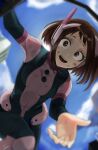  1girl :d absurdres black_bodysuit blue_sky blurry blurry_background blush bodysuit boku_no_hero_academia breasts brown_eyes brown_hair bruise bruise_on_face clouds crossed_legs fengling_(furin-jp) from_below headgear highres injury medium_breasts medium_hair open_mouth pink_bodysuit reaching_out shiny shiny_hair signature sky smile solo two-tone_bodysuit uraraka_ochako 