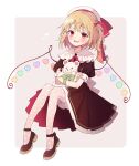  1girl black_dress blonde_hair bloomers blush character_name cherry_hair_ornament cherry_print crossed_arms dress eyebrows_visible_through_hair fang flandre_scarlet food-themed_hair_ornament food_print frilled_shirt_collar frills hair_between_eyes hair_ornament hat hat_ribbon heart heart_wings highres holding holding_stuffed_toy looking_at_viewer pink_legwear puffy_short_sleeves puffy_sleeves red_eyes red_neckwear red_ribbon ribbon shoes short_hair short_sleeves side_ponytail skin_fang solo stuffed_animal stuffed_toy teddy_bear touhou touya_(konpekitou) underwear wings 